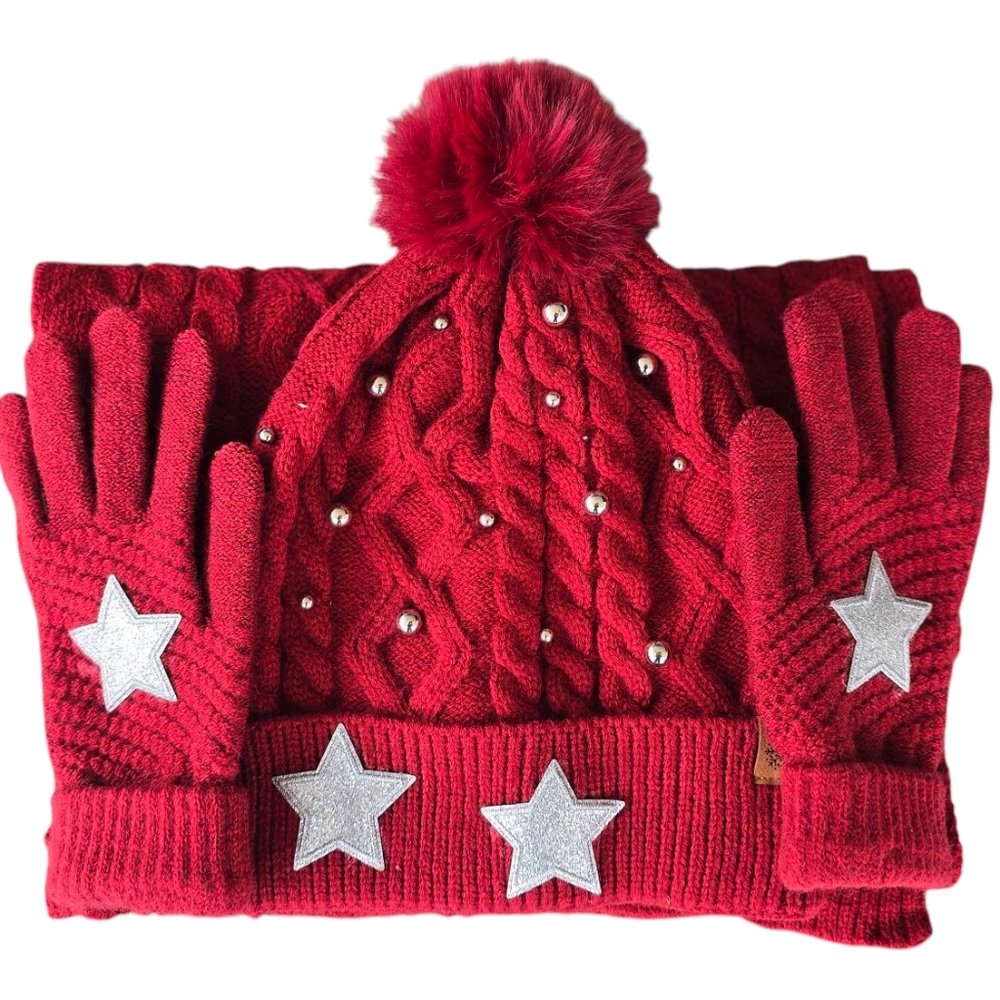 Set of hat, gloves and scarf for cold weather